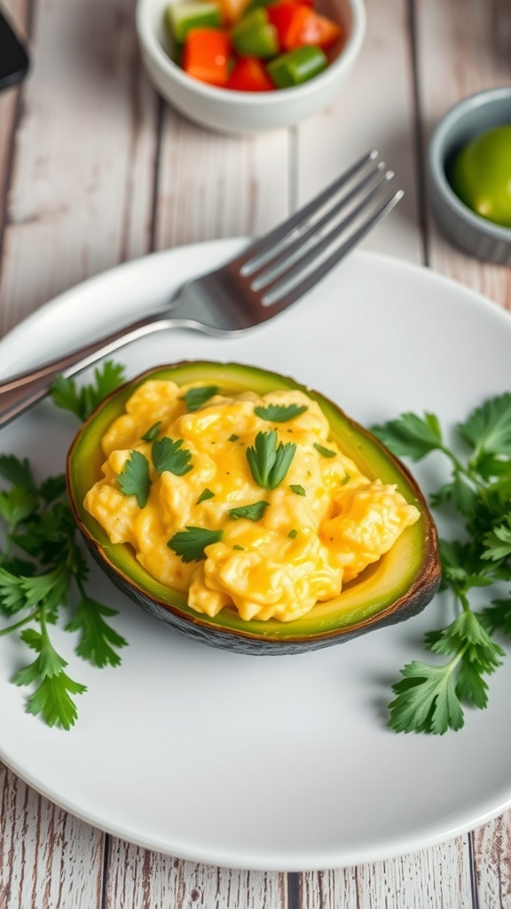 Fluffy scrambled eggs in a hollowed-out avocado, garnished with herbs on a rustic table.